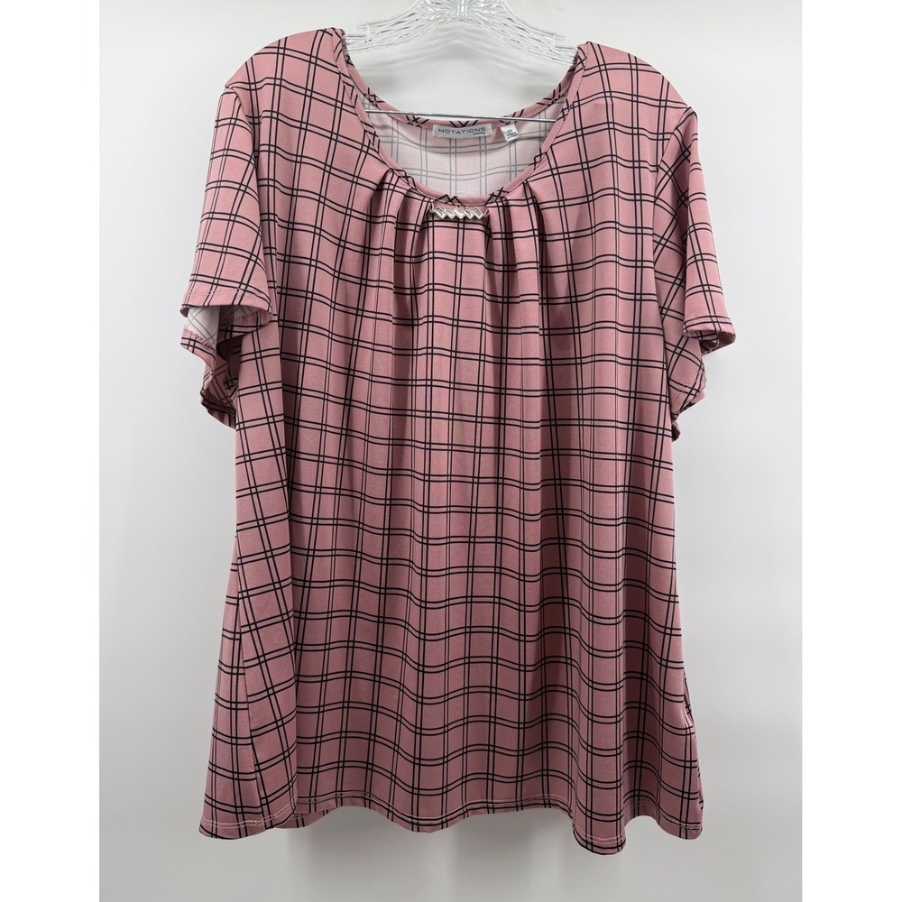 Notations Woman Pink Black Grid Plaid Blouse Embellished Neck 3X